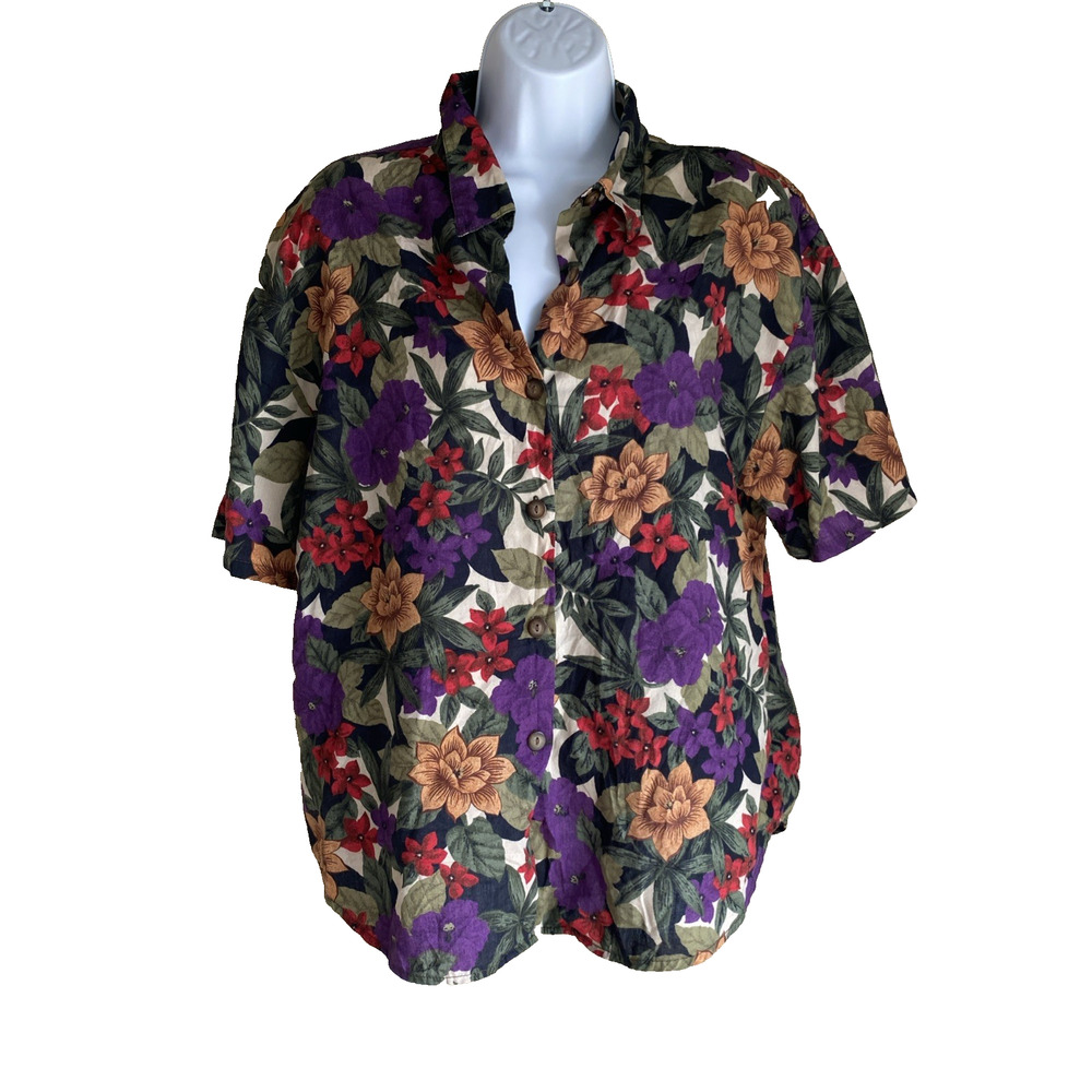 VTG Cristin Stevens Womens Plus Size 1X Floral Buttoned Tropical Blouse Top